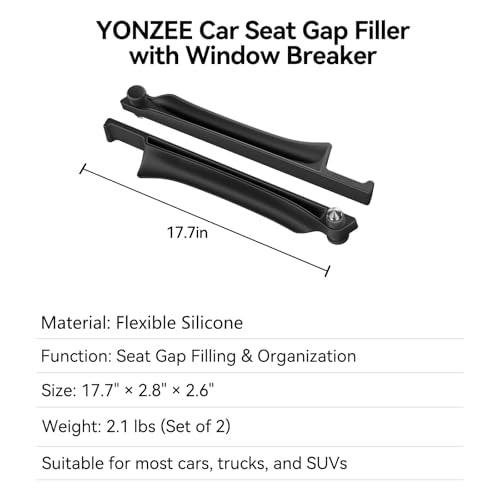 Car Seat Gap Filler [2 Pack], Premium Silicone Side Console Organizer with Built-in Emergency Glass Breaker, Universal Fit Automotive Gap Blocker to Prevent Dropping, Car Interior Decor