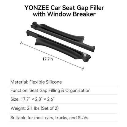 Car Seat Gap Filler [2 Pack], Premium Silicone Side Console Organizer with Built-in Emergency Glass Breaker, Universal Fit Automotive Gap Blocker to Prevent Dropping, Car Interior Decor