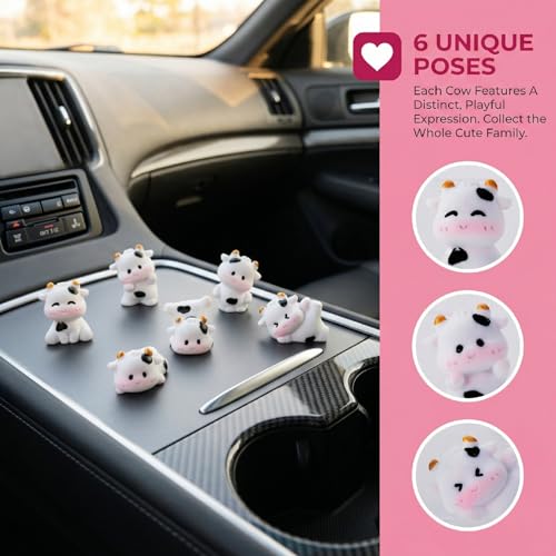 6pcs Mini Cow Car Dashboard Decor, 6 Styles Cute Cow Print Car Accessories, Playful Cows Rear View Mirror Ornaments Decorations for Offices, Home