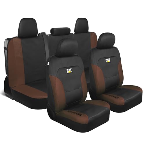 CAT Black & Brown Car Seat Covers Full Set – Front Seat Covers & Rear Bench Seat Cover – Airbag Compatible, 60/40 Split Bench for Trucks, Cars & SUVs – Automotive Interior Seat Protection Accessories