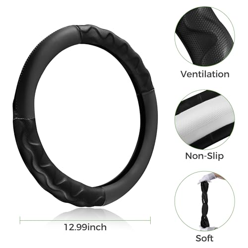 10L0L 13 Inch Golf Cart Steering Wheel Covers for EZGO TXT&RXV 1994-up, Upgraded Microfiber Anti-Slip Steering Wheel Cover with Pu Leather - color: Black