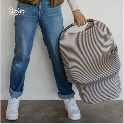 Parker Baby 4 in 1 Car Seat Cover for Girls and Boys - Stretchy Carseat Canopy, Nursing Cover, Grocery Cart Cover, High Chair Cover - “Pewter/Snow Stripes” - color: Pewter/Snow Stripes