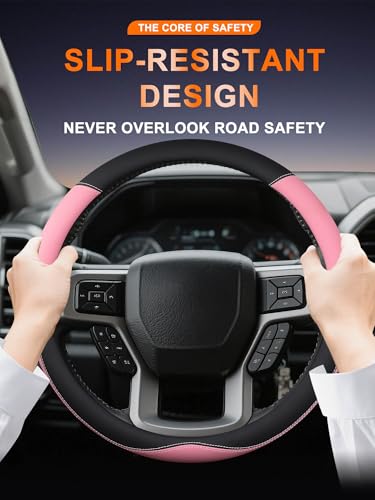 Leather Steering Wheel Cover for Ford F150/F250/F350, 15.5-16 Inch Truck Steering Wheel Grip, Breathable & Anti-Slip, Premium Semi Car Accessories (Pink) - color: Pink