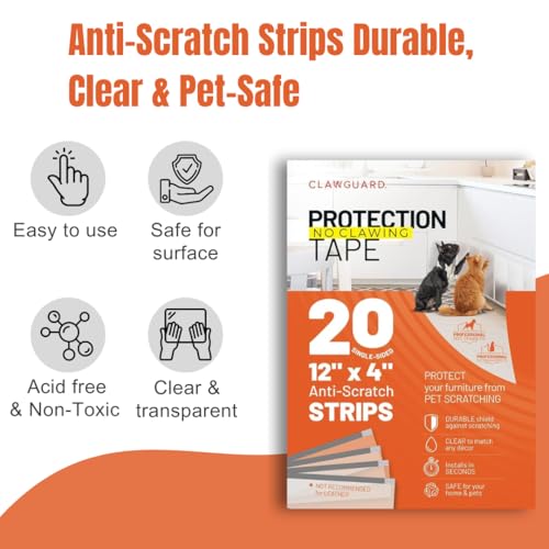 CLAWGUARD Protection Tape Strips – 20 Pre-Cut 12x4 in Scratch Barriers – Door Scratch Protector Dog & Cat – Couch Protector from Cat Claws