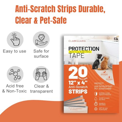 CLAWGUARD Protection Tape Strips – 20 Pre-Cut 12x4 in Scratch Barriers – Door Scratch Protector Dog & Cat – Couch Protector from Cat Claws
