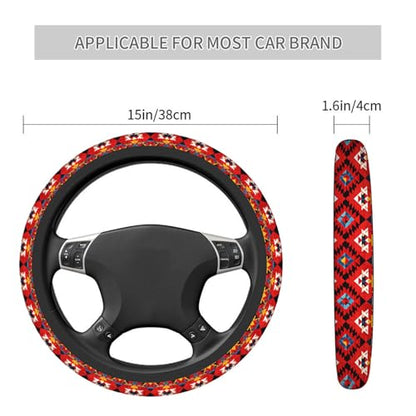 Swono Geometric Red Universal 15" Steering Wheel Covers Traditional Ethnic Tribal Colorful Geometric Pattern Cute Car Steering Wheel Cover for Men Women Girls Car Accessories - color: multi-048