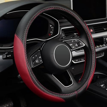 LABBYWAY Microfiber Leather Auto Car Steering Wheel Cover, Universal 15 Inch Anti-Slip Wheel Protector, Claret - color: Fiber Rose Red