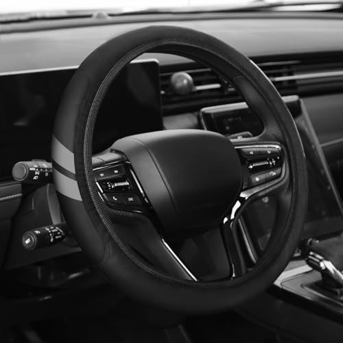 Premium Leather Steering Wheel Cover Compatible with Dodge Charger Challenger Durango RAM 1500 Cars, Universal Fit 14-15 Inch, Breathable, Comfortable Grip, Lightweight, Easy Install Accessory - color: Gray Dual Stripe