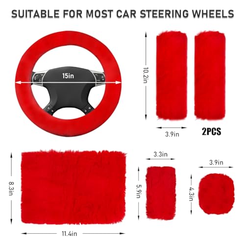 Ohleats 6 PCS Fluffy Steering Wheel Covers Set, 15'' Furry Car Wheel Cover, Soft Gear Shift & Handbrake Cover, Center Console & Seat Belt Shoulder Pads for Women, Car Accessories (Red) - color: Red