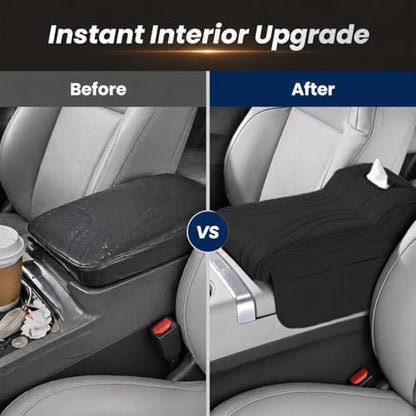 Car Center Console Cover with Tissue Box Holder, Foam Armrest Cover for Car with Side Storage Pockets, Multifunctional Waterproof PVC Leather Car Armrest Cushion Pad, Universal Fit, Black - color: Black-2