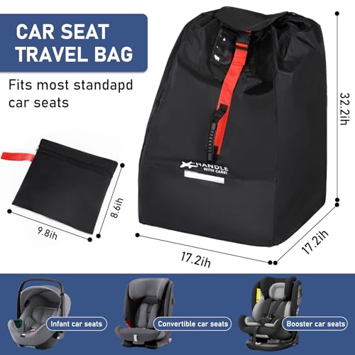 Car Seat Travel Bag for Airplane backpack with padded shoulder straps, Large Waterproof Car Seat Bags Fits Most Infant Car Seats, Convertible Car Seats, Booster Seats, Car Seat Bases - color: Black with red