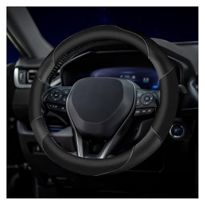Soft Leather Steering Wheel Cover with Breathable Design and Anti-Slip Grip, Fully Compatible with Tesla, Toyota, Honda, Nissan 14.5-15.2 inch Round Steering Wheel（Sedans and SUVs） - color: DOUBLE-BLACK