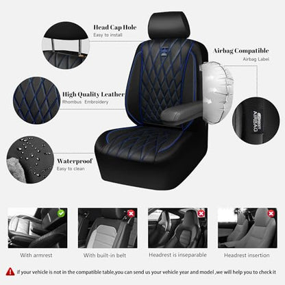 CAR PASS Piping Luxury Leather Seat Covers Full Set,5 Seats Anti-Slip Waterproof Seat Covers Compatible with Front Armrests,Universal Fit for Sendan SUV Van Truck,Airbag Compatible,Black and Blue - color: Black with Blue, size: Full Set