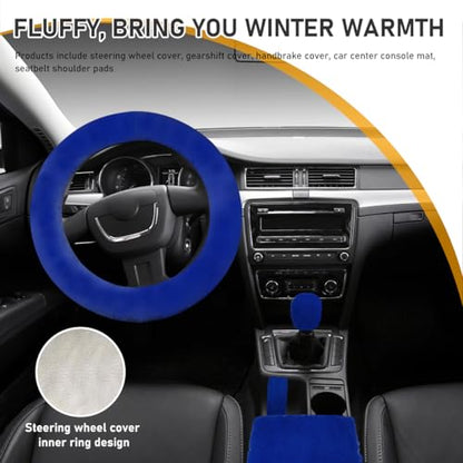 Ohleats 6 PCS Fluffy Steering Wheel Covers Set, 15'' Furry Car Wheel Cover, Soft Gear Shift & Handbrake Cover, Center Console & Seat Belt Shoulder Pads for Women, Car Accessories (Royal Blue) - color: Royal Blue