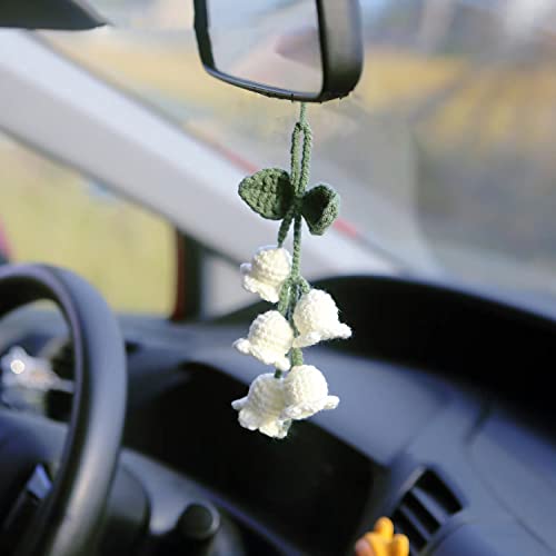 Handmade Knitted Rear View Mirror Pendant Ornament, Cute Car Accessories Aesthetic, Kawaii Car Decor for Home Decorative Pendants - style: White