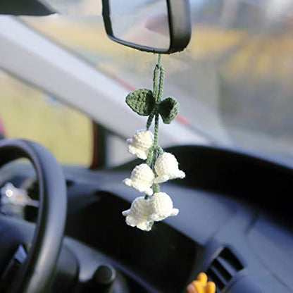Handmade Knitted Rear View Mirror Pendant Ornament, Cute Car Accessories Aesthetic, Kawaii Car Decor for Home Decorative Pendants - style: White