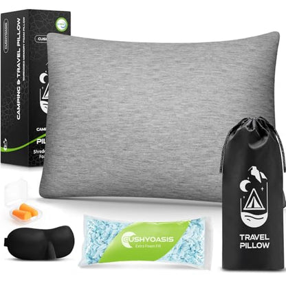 All-in-1 Camping Pillow Set - Shredded Memory Foam Neck Pillow Travel Pillow with Eye Mask, Earplugs, Washable Cover, Compact for Backpacking, Camping, Flights, Car Travel (Medium Size) - size: Medium