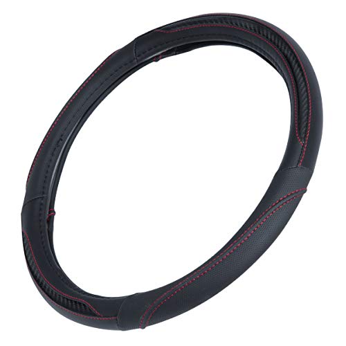 BDK UltraSport Steering Wheel Cover - Perforated Microfiber Leather with Carbon Fiber Detail & Contrast Stitching Black w/Red Stitching