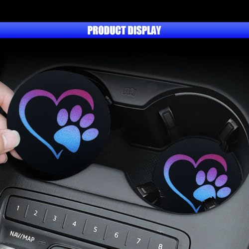 2PCS Car Cup Holder Coasters, 2.73 Inch Absorbent Anti-Slip Shockproof Cup Holder Insert, Dog Paw Heart Print Car Drink Mat, Universal Car Interior Accessories for Vehicles, Trucks, RVs (Blue/Pink)