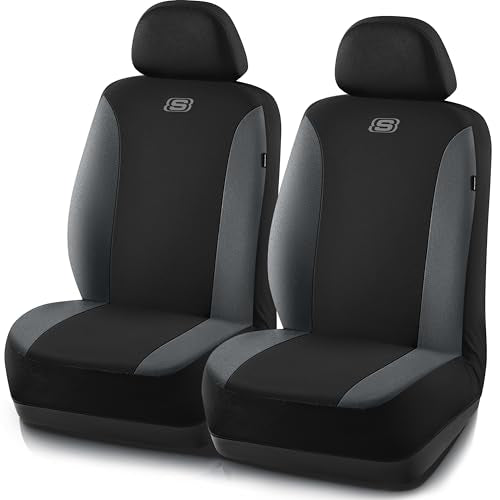 Skechers Seat Covers, Premium Breathable Polyester Car Seat Covers, Car Seat Covers Front Seats Airbag Compatible, Automotive Comfort for Most Cars, Vans, Trucks, SUVs (Two Front, Grey) - color: Black and Grey, size: Two Front