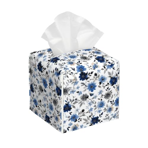 Blue Gray Watercolor Flowers Tissue Box Cover Square, Waterproof Leather Tissue Box Holder Portable Dispenser Modern Home Decoration for Bathroom Car Nightstand Vanity - color: Blue Gray Watercolor Flowers