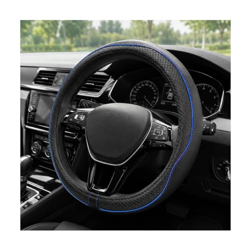 Car Steering Wheel Cover, 15 Inch Anti-Slip Breathable Leather Auto Steering Wheel Protector, Full Surround Soft Steering Wheel Cover for Men Women, Car Interior Accessories (Black & Blue) - color: Black & Blue