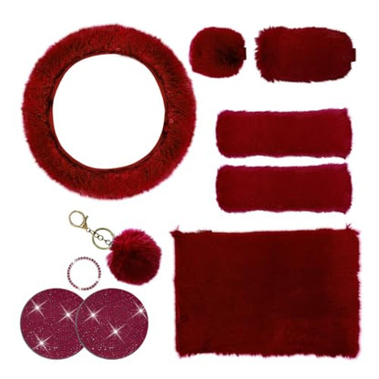 10PCS Fluffy Car Accessories Set, Furry Steering Wheel Cover with Warm Fuzzy Gear Shift Cover Ball Keychain Handbrake Cover Console Seat Belt Shoulder Pads & Diamond Ignition Ring Cup Mats (Red) - color: Red