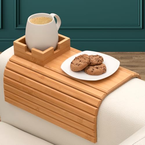 Bamboo Couch Holder - Non-Slip Furniture Protector, Sofa Armrest Table for Mugs & Tumblers – Weighted 16” Large Natural Bamboo Holder for Recliners and Loveseats - color: Natural
