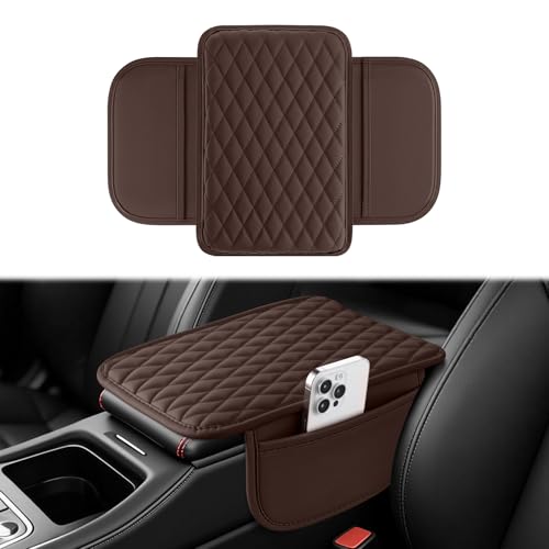 Amiss Car Center Console, Upgraded Leather Car Armrest Cushion with 2 Storage Pockets, Universal Waterproof Cushion Pad, Non-Slip Car Interior Accessories, Fits Most Sedans SUVs Trucks (Brown) - color: brown, size: With Storage