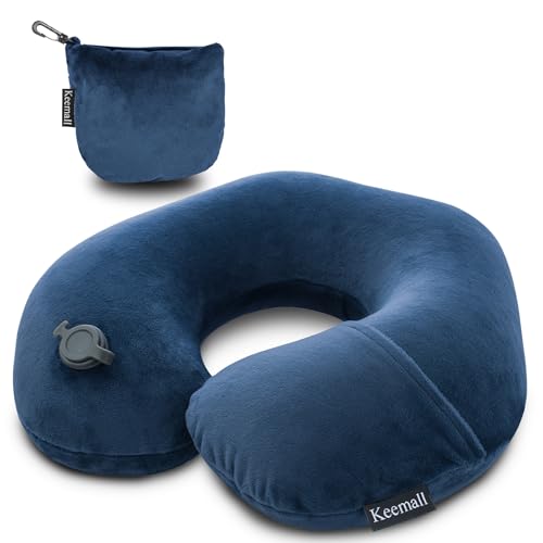 Keemall Travel Neck Pillow for Airplane, Compact Inflatable Neck Pillow for Traveling Long Flights, Adjust Firmness Neck Suport Pillow for Sleeping Plane Head Rest for Travel Accessories,Deep Blue - color: Deep Blue, size: Medium