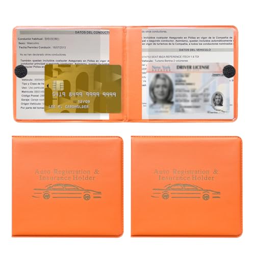 2PCS Car Registration and Insurance Holder, Waterproof Auto Card Document Glove Box Organizer with Closure, Vehicle Paperwork Organizer Document Holder for Most Cars (Gold Printing, Orange) - color: Gold Printing, Orange