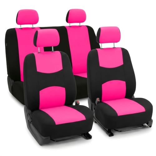 FH Group Bright Flat Cloth Full Set Automotive Seat Covers Front Set and Rear Solid Bench Pink Black Seat Covers w. Gift Universal Fit Interior Accessories for Cars Trucks and SUVs - color: Pink
