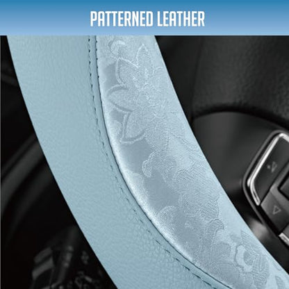 PIC AUTO Steering Wheel Cover, Light Blue Patterned Leather Patchwork Design, Universal Fit 14.5"–15.5" D-Shape Steering Cover, Soft PU Grain Leather, Durable Grip Car Accessory for Girls & Women - color: Fits D-Shape Light Blue