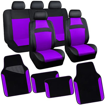 CAR PASS Rainbow Universal Fit 3D Air Mesh Car Seat Cover Full Set with 4Pcs Waterproof Car Floor Mats Universal Fit Automotive Interior Covers for Trucks,Vans,SUV Combo Set (Black and Purple)