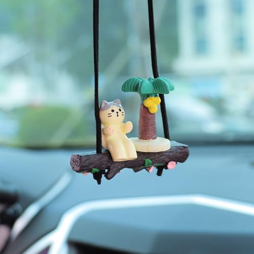 Rear View Mirror Hanging Accessories of Swimming Cat Sitting on a Swing Under a Palm Tree Car Hanging Ornament Pendant Interior Rearview Mirror Decoration - color: Cat Under a Palm Tree