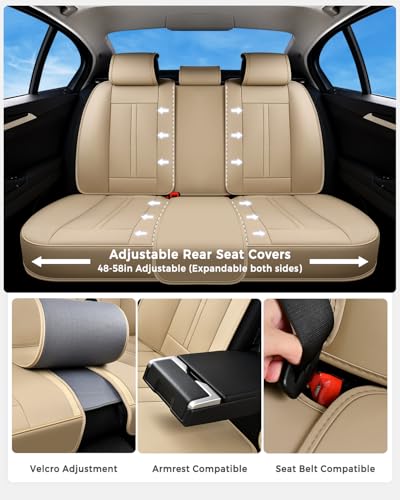 Huidasource Beige Back Seat Cover Luxury Nappa Leather, Rear Seat Cover with Velcro Adjustable, Ventilation Holes, Seat Belts, Child Seats, Car Back Seat Covers Fit for Most Cars SUV Trucks, Beige - color: R# Beige, size: Rear