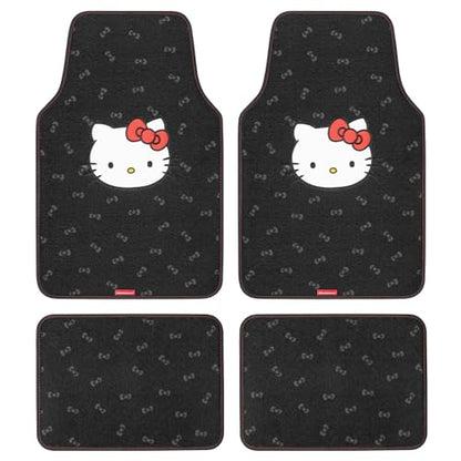 Hello Kitty Carpet Car Floor Mats - Universal Fit for Cars, SUVs & Trucks - Black with Red Bow & Hello Kitty Print - Front & Rear Set, 4 Piece Car Accessories