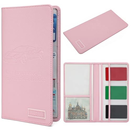 Premium Car Registration & Insurance Card Holder with Magnetic Closure & Clear Pockets, Glove Box Organizer for Documents, Driver's License (pink) - color: Jujube red