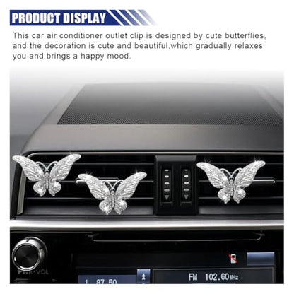 3PCS Bling Butterfly Car Air Vent Clips, Crystal Rhinestone Car Vent Clip, Cute Diffuser Car Vent Clip, Car Interior Decoration Charm Accessories for Girl Women (White)
