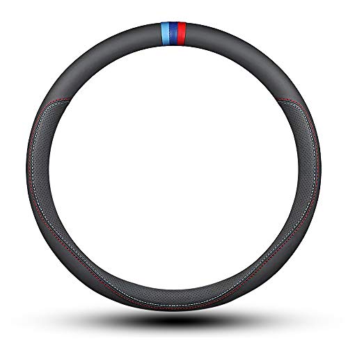 Carodi Latest Nappa Leather car Steering Wheel Cover, Stylish Non-Slip Leather car Interior 15 inches Universal Black(red and Blue Signs) - color: Black(red and Blue Signs)