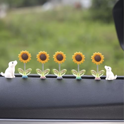 7pcs Cute Rearview Mirror Accessories - Funny Dog Car Ornament, Shaking Spring Sunflower Dashboard Decorations for Christmas, Valentine's Day Gifts - color: Yellow