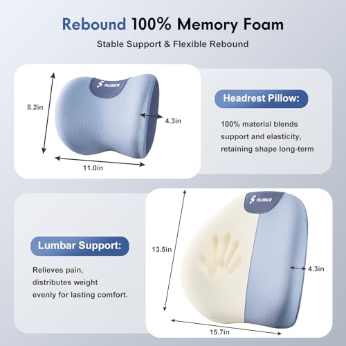 Lumbar Support Pillow and Neck Pillow for Office Chair Car, Ergonomic Memory Foam Back Support for Office Gaming Chair Driving Seat Wheelchair, Relieves Neck, Back & Sciatica Pain – Blue - color: Blue, size: Lumbar&Headrest Pillow