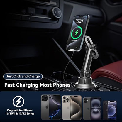 Miracase for Magsafe Car Mount Charger, 15W Fast Charging Cup Holder Phone Holder Wireless Magnetic Charger with Heat Dissipation System Only Fit iPhone 16/15/14/13/12 Series - color: Black-Wireless Charger
