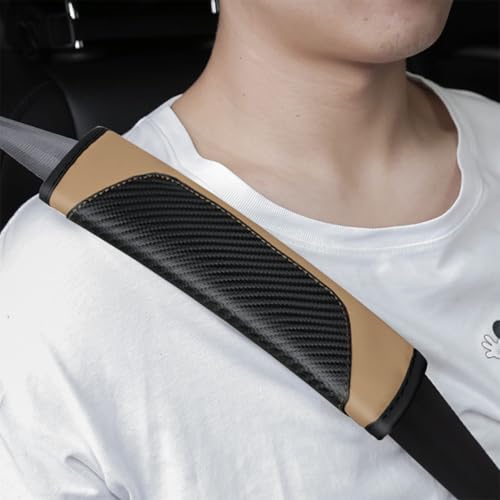 2PCS Carbon Fiber Car Seat Belt Cover, Leather Comfortable Soft Vehicle Seatbelt Pad for Shoulder & Neck, Automotive Interior Seat Strap Cushion Mat, Universal Fit (Black/Beige)