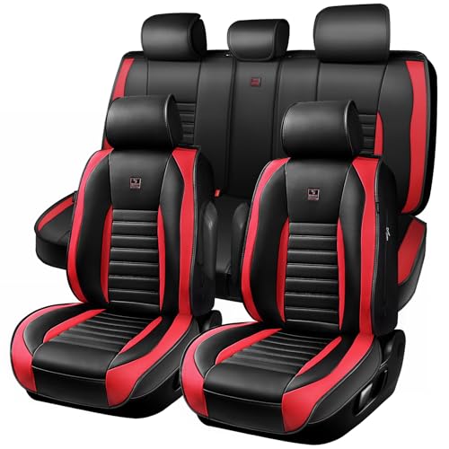 CAR PASS Nappa Leather Car Seat Covers Full Set, Luxury Seat Protector for Cars, Waterproof Anti-Slip Seat Cushion Armrest Compatible Airbag Universal for Sedan SUV Pick-up Truck Auto, Black Red - color: Black Red 5 Seats, size: Full Set