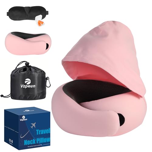 Travel Pillow - Hooded Neck Pillow Airplane Memory Foam Filling for Plane, Office, Cars Sleeping, Road Trip, Long Flights, Airplane Travel Essentials, Includes Eye Mask & Earplugs (Pink) - color: Pink