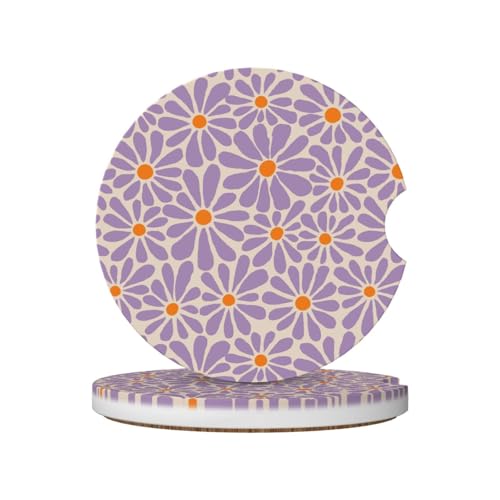 Purple Floral Car Coasters for Cup Holders,2 Pack Car Cup Holder Coasters for Car,Ceramic Absorbent Car Coaster with A Finger Notch and Cork Base,Car Interior Accessories for Women Men - color: Purple Floral