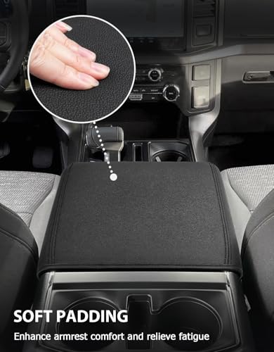 Center Console Cover for 2021-2026 Ford F150 Accessories, Vinyl Leather Middle Armrest Cusion Protector, Anti-Scratch, Bucket Seat Only(not for Work Station) - size: Bucket Seat, 2021-2026 F150, black stitch