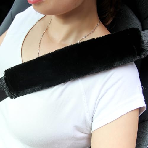 2-Pack Soft Furry Universal Seatbelt Cover – Shoulder Pad for Car Truck SUV Airplane Bus – Relieves Neck & Shoulder Pressure – Fits Backpack, Camera Bag, Laptop Bag Straps (10.5 Inch, Black) - color: Black, size: 10.5in 2pack