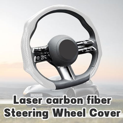 Zpana Carbon Fiber Car Steering Wheel Cover, Leather Non-Slip Vehicle Steering Wheel Cover for 14.5-15 Inch, Comfortable Auto Interior Protector Decoration Accessories, Universal Fit(White)